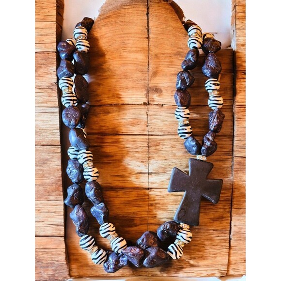 Chunky Zebra Glass & Stone Bead Cross Necklace – 10" Drop – Artisan Tribal Goth - Picture 1 of 5